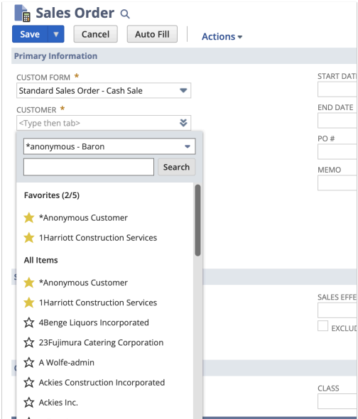 netsuite favorite drop down